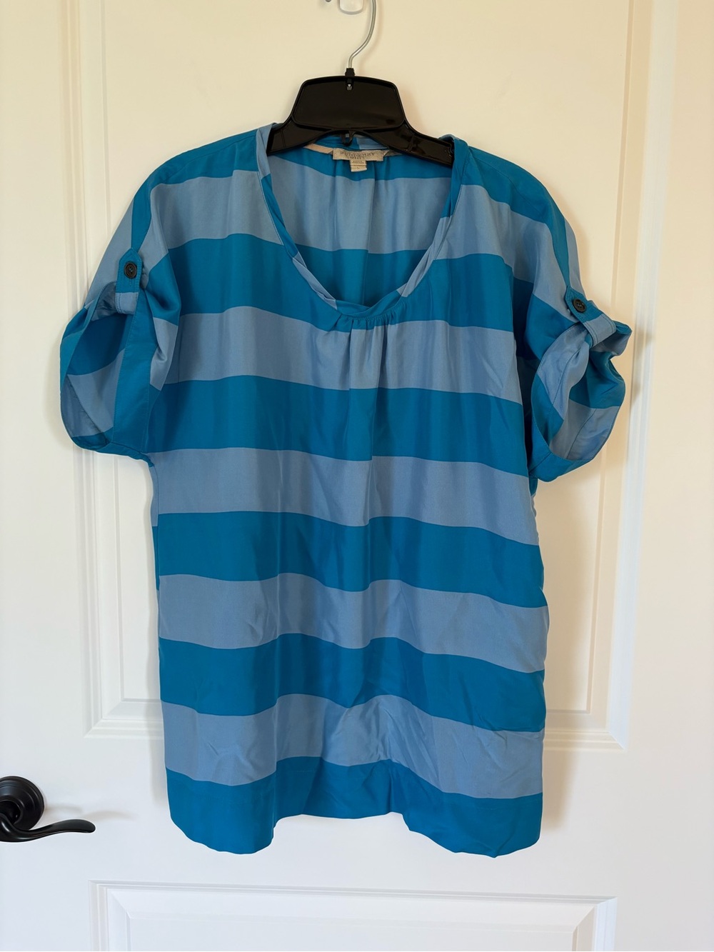 Burberry Brit 100% Silk Striped Blue Roll-Sleeve Women's Blouse. Size Large.